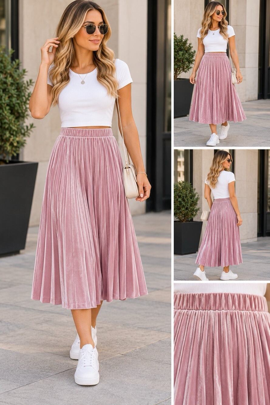 Time and Tru Pleated Skirt Womens M 8-10 Pink Velvet Midi Accordion